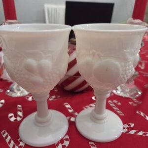 Pair Of Vtg Westmoreland Della Robbia Milk Glass Goblets